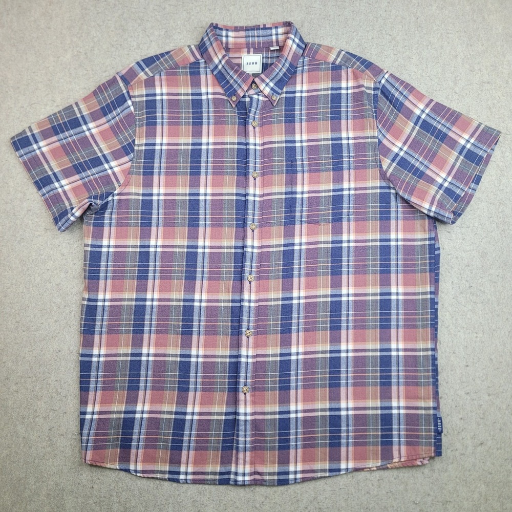 ROWM Shirt Mens XL Blue Plaid Short Sleeve Button Down Casual‎ Lightweight Soft